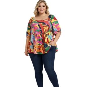 Terra & Sky Plus Size Tropical Print Babydoll Blouse – 1X (16W–18W).